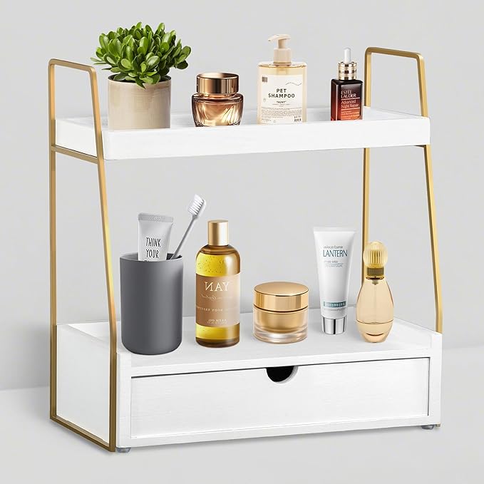 2-Tier Bathroom Organizer Countertop with Drawer, Wood Counter Organizer for Bathroom Decor, Sink Shelf for Vanity Storage, Makeup Tray for Perfume Skincare Bedroom Kitchen Corner
