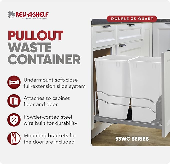 Rev-A-Shelf Double Trash Can Under Kitchen Cabinets Pullout, 35 Quart 8.75 Gallon with Soft-Close Slides, White, 53WC-1835SCDM-211