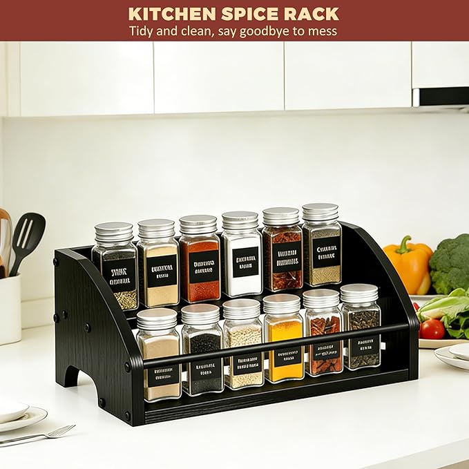 HRUSGO Countertop Spice Rack – Wooden Display Shelf for Kitchen, Coffee Bar, or Home Storage, Compact Stand for Jars, Syrups, Condiments & Bottles (2-Tier)