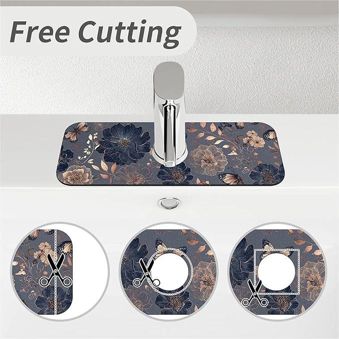 Kitchen Sink Splash Guard，Graceful butterfly flowers Faucet Mat Sink Gadgets-Super Absorbent Fast Drying Mat Drip Catcher for Kitchen, Bathroom,Sink Mat, Dish Drying Mat, Bathroom(15" X 5.5" )