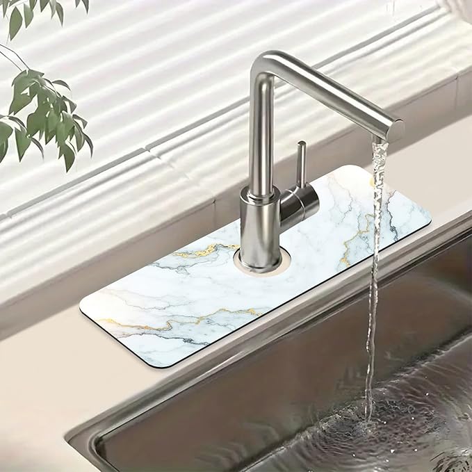 Marble Pattern Kitchen Sink Splash Guard Faucet Mat Gray Gold Marble Super Absorbent Fast Drying Mat Sink Splash Guard Behind Faucet for Kitchen Bathroom, 15.5"x5.5"
