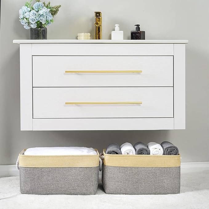 TheWarmHome Storage Basket for Organizing - 3 Pack 14x10x7 inch Large Collapsible Storage Bin for Shelves, Fabric Storage Cubes for Organizer ClosetCloth Gift Toy (Grey & Gold)