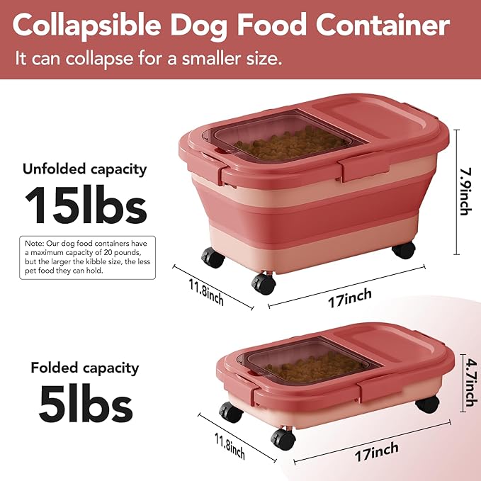 15 Lbs Dog/Cat Food Storage Container,Collapsible Food Storage Containers with Rolling Wheel Airtight Locking Lid,Pet Food Storage Container with Cup and Scoop,Pink