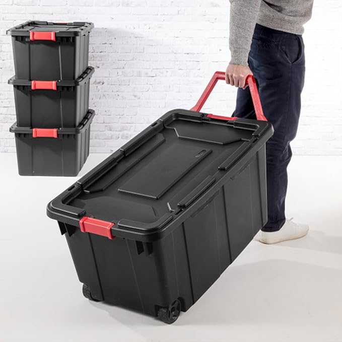 Sterilite 6-Pack Industrial Tote, Plastic Storage Bins with Lids, 15 Gallon, Black - Heavy-Duty Organizing Containers for Closet, Bathroom, and Office