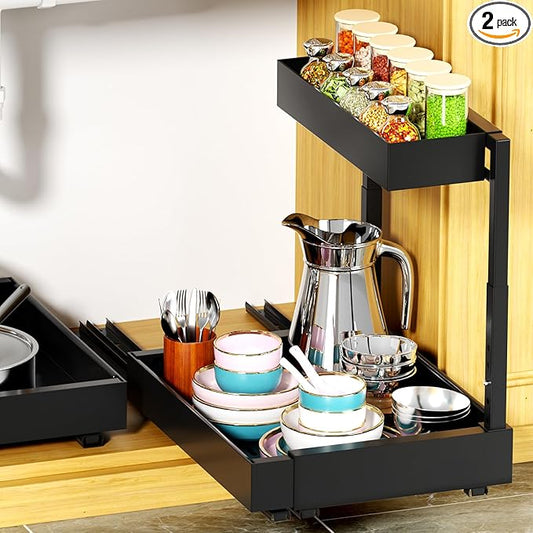 Under Sink Organizer Pull Out, 2 Tier Expandable Under Sink Storage for Kitchen & Bathroom, Adjustable Height (14.4"-18.5") Width (12.2"-20.5"), Heavy Duty 3-Slide Rail System, Black