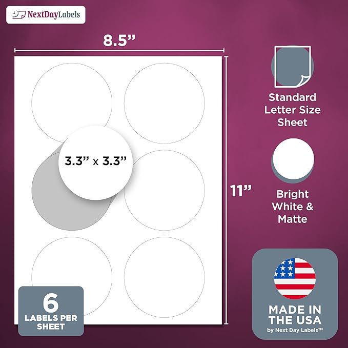 NextDayLabels 3.33 Inch Round Circle Stickers White Blank Labels for Laser Inkjet Printer - 6 Per Sheet Self-Adhesive Product Packaging Logo Made in USA - 6000 Labels