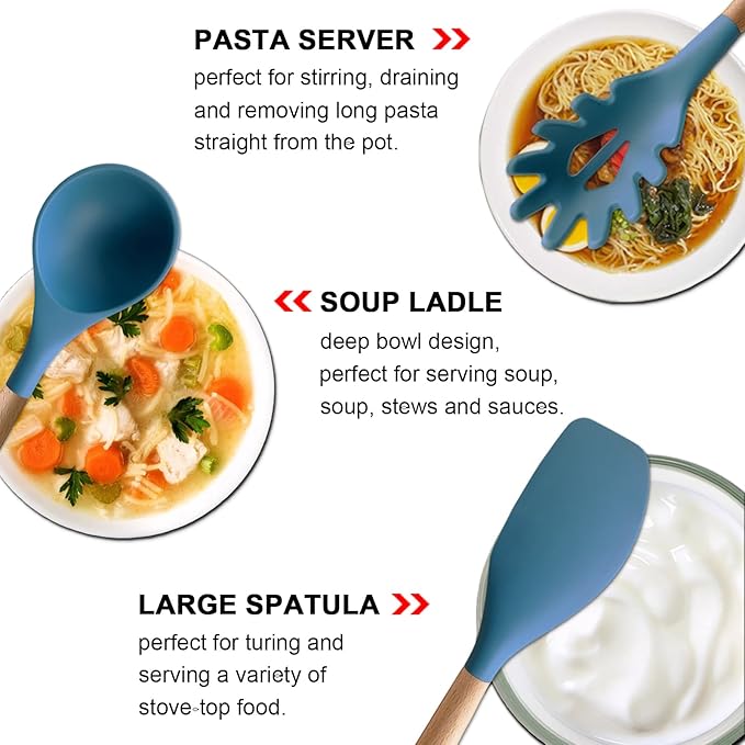 IOCBYHZ Silicone Cooking Utensils Set 6Pcs Heat Resistant Silicone Kitchen Utensils Set for Cooking Spatula Spoon Turner Ladle w Wooden Handle, BPA FREE Kitchen Gadgets for Nonstick Cookware & Baking