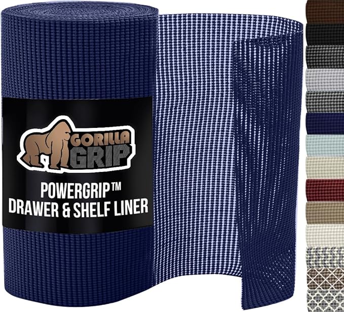 GORILLA GRIP powerGRIP Drawer Shelf and Cabinet Liner, Thick Strong Hold, Non-Adhesive Liners Protect Kitchen Cabinets and Cupboard, Bathroom Drawers, Easy Install, Breathable Mat, 17.5" x10', Navy