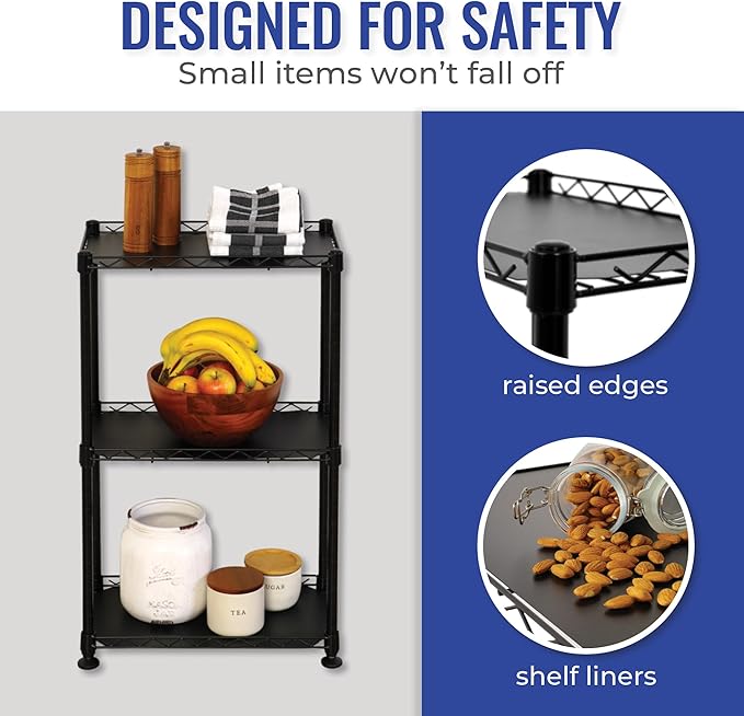 SafeRacks - NSF Certified Storage Shelves, Zinc, Heavy Duty Steel Wire Unit with Adjustable Feet, Garage or Bakers Rack, Kitchen, Pantry Shelf - (18"x10"x30" 3-Tier) (Black)