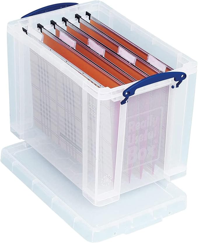 Really Useful Box 19 Liter Plastic Stackable Storage Container with Snap Lid & But-in Clip Lock Handles for Home or Office Organization, Clear
