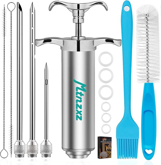Marinade Injector Syringe Kit & Brush Set, Stainless Steel Meat Injector with 3 Professional Needles, 2-oz Large Capacity, Creates Tender Meat & Poultry Flavor, for BBQ Grill Smoker & Turkey & Brisket