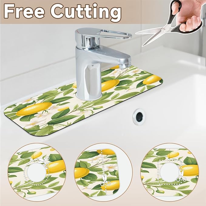 Lemon Blossom Pattern Kitchen Faucet Mat Splash Guard, 15.4”x5.7” Absorbent Quick Drying Sink Mat for Countertop Protection, Draining Mat Sink Protectors For Kitchen Bathroom, 1 Pack