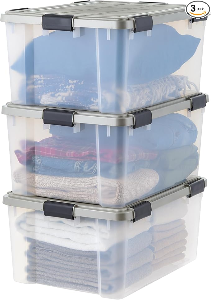 IRIS USA 60 Qt Storage Bins with Gasket Seal Lid, 3 Pack - BPA-Free, Heavy Duty Moving Containers Tight Latch, Weather Proof Tote, WEATHERPRO - Clear/Chrome