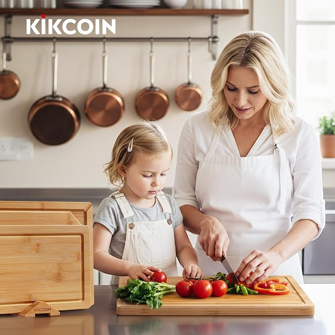 Kikcoin Bamboo Cutting Boards for Kitchen, 3 Piece Wood Cutting Board Set with Stand and Non-slip Feet, Knife Friendly Chopping Board with Juice Grooves, Serving Tray with Built-in Handles