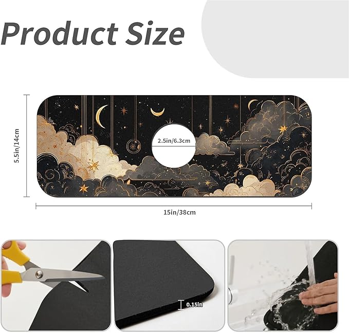 Kitchen Sink Splash Guard，clouds, stars,moons Faucet Mat Sink Gadgets-Super Absorbent Fast Drying Mat Drip Catcher for Kitchen, Bathroom,Sink Mat, Dish Drying Mat, Bathroom(15" X 5.5" )