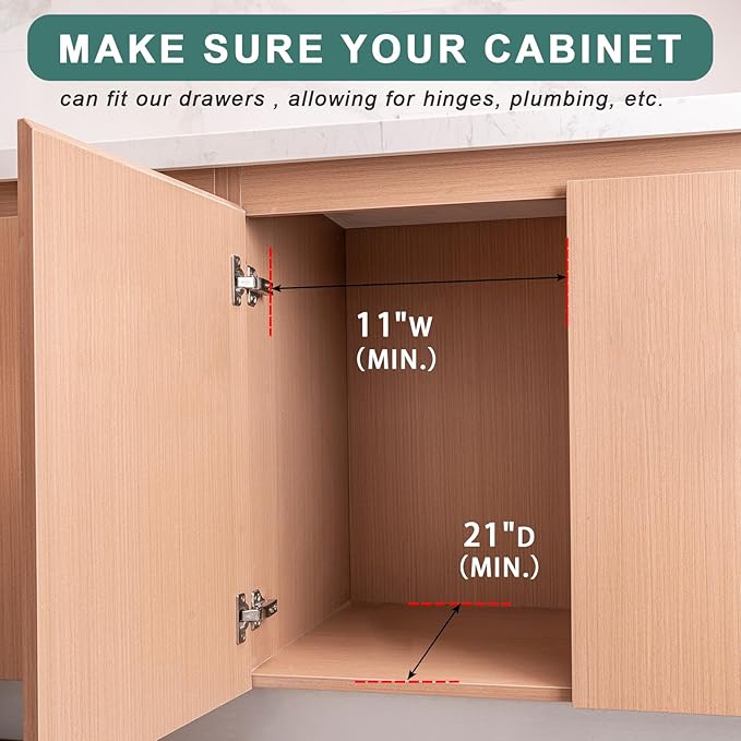 SITOO Pull Out Drawers for Kitchen Cabinets, Pull Out Cabinet Organizer, Fully Assembled Wood Cabinet Pull Out Drawer, Fast and Easy DIY Installation, 11”W x 21”D
