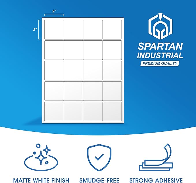2" X 2" Square Printable Labels for Inkjet and Laser Printers - 100 Sheets, 2000 Matte White Custom Stickers for Business Logos, QR Code Stickers, Product Labeling - Spartan Industrial Template S002