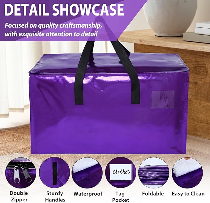 6 Pack Moving Bags Heavy Duty, Extra Large Moving Bags, Moving Supplies, Storage Bags with Handles and Zippers, Waterproof Totes for Storage Saving Packaging Shipping and Travel(Laser Purple)