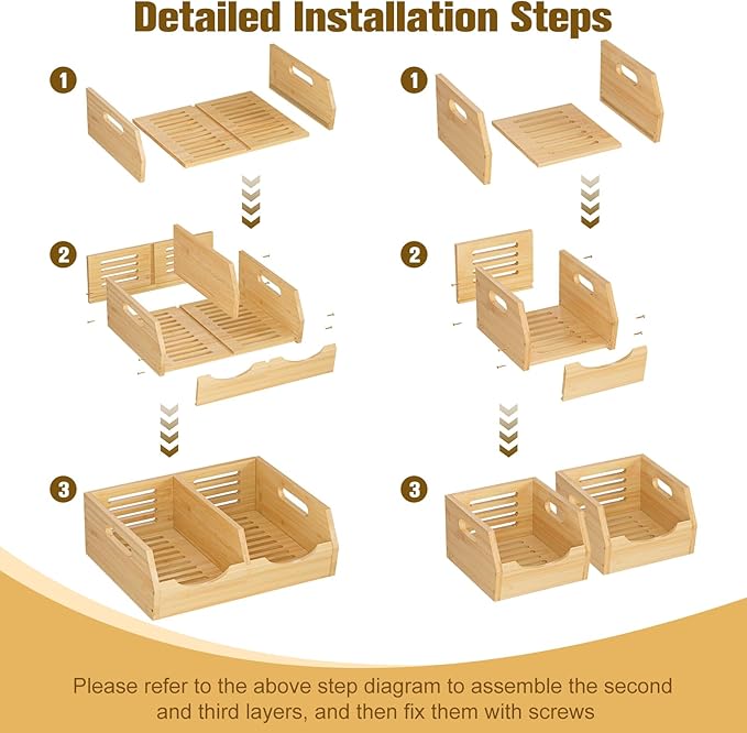 Upgraded 3 Tier Bamboo Pantry Storage Bins - Stackable Potato and Onion Storage Bin, Storage Baskets Airflow Vent Vegetable and Fruit Organizer with Handle, for Kitchen, Livingroom,Bathroom
