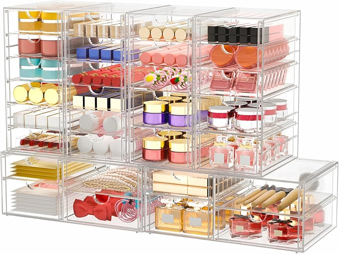 caktraie Makeup Organizer Storage with 30 Drawers, 6 Pcs Desktop Office Supplies, Desk Organizers, Clear Accessories, Dustproof Drawer and for Make Up, Jewelry, Pen, Stationary