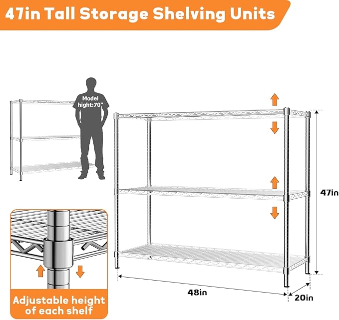 Storage Shelves Heavy Duty, 48" W x 20" D x 47" H Garage Wire Shelving Unit Loads 1200LBS, 3-Tier Adjustable Metal Industrial Utility Shelf Rack for Kitchen, Laundry Room, Pantry, Warehouse, Basement