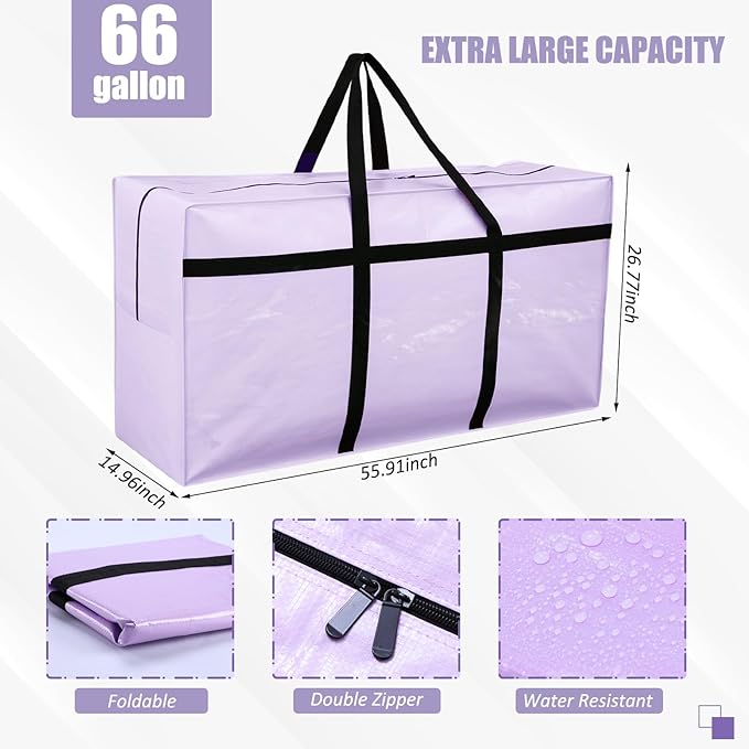 4 Pcs 66 Gallon Extra Large Moving Bags Heavy Duty Storage Bag with Strong Zipper Handle Foldable XXL Jumbo Storage Tote Packing Moving Box for College Dorm Travel Cloth Duffle (Jelly Purple)