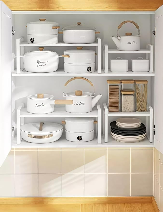 LJHFUQHUHU 2 Pack Expandable Cabinet Shelf Organizer Riser for Kitchen Pantry Cupboard Under Sink Countertop (2 Pack 8.2’’D * 12.2-21.6’’W * 10.4’’H) (White)