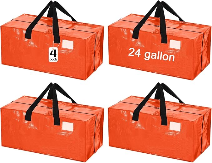 4 Pcs 24 Gallon Extra Large Moving Bags Heavy Duty Storage Bag with Strong Zipper Handle Foldable XXL Jumbo Storage Tote Packing Moving Box for College Dorm Travel Cloth Duffle (Orange)