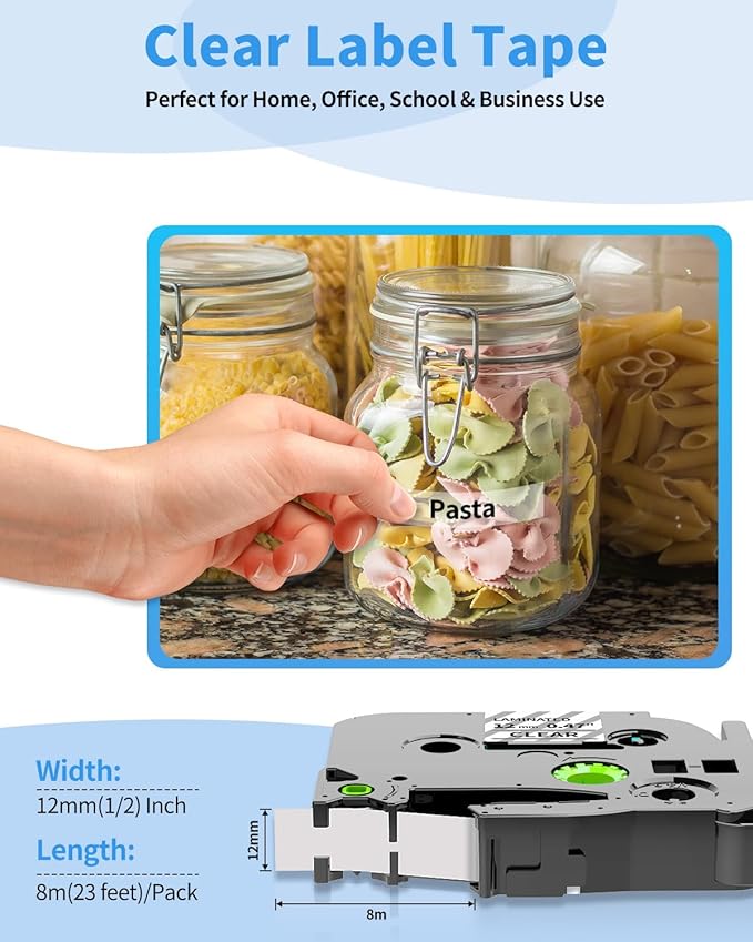 Colorty Clear Label Maker Tape TZe-131 Compatible with Brother P-Touch Label Tape TZ TZe 12mm 0.47 Laminated 1/2" Black on Clear TZe131 for PT-D220 D210 H110 1180 1280 1890 Tape Refills, 6-Pack