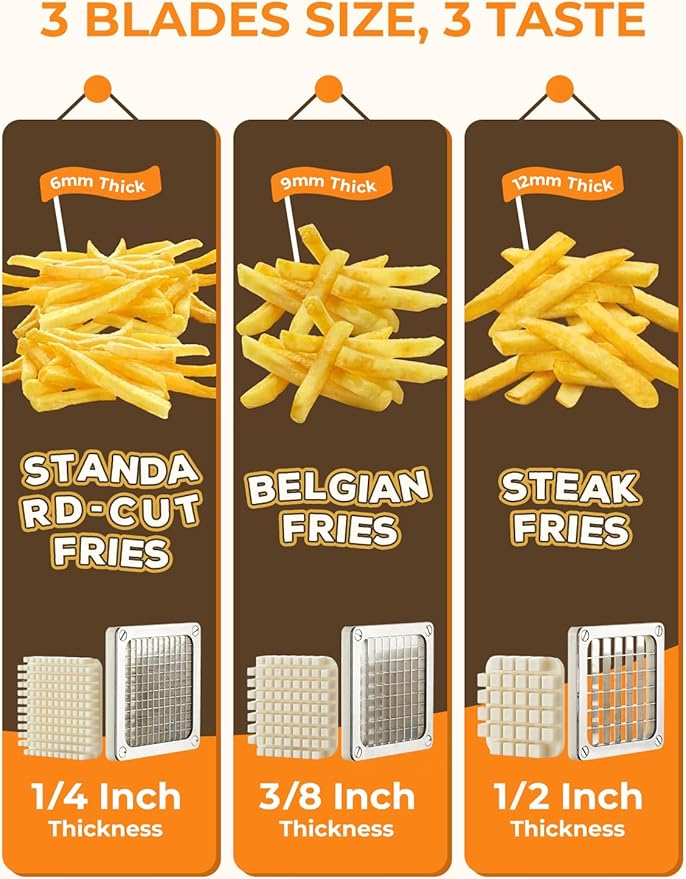 FOHRER French Fry Cutter, Professional Manual Potato Cutter for Fries with 1/2 Inch, 3/8 Inch and 1/4 Inch Heavy Duty Stainless Steel Blades, Easy to Use for Whole Potatoes, Carrots, Cucumbers