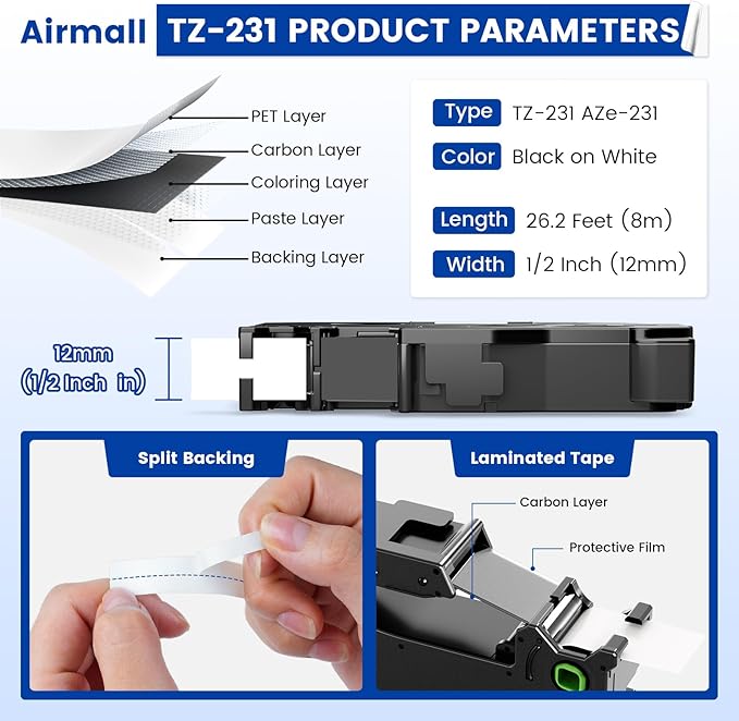 Tze Tz Tape 12mm 0.47 Laminated White, Replacement for Brother TZe-231 TZ-231 Laminated P Touch Label Maker Tape, 1/2" Black on White, for PT-D220 D210 H110 D200 D400 1280 D610BT Refills, 8-Pack