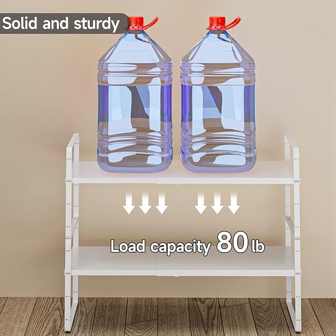 jkxoo 16.5-27’’L Expandable Kitchen Shelf Organizer, Stackable Shelves Organizer, Adjustable Height Pantry Spice Rack for Cabinet, Countertop, Pantry and Cupboard, White