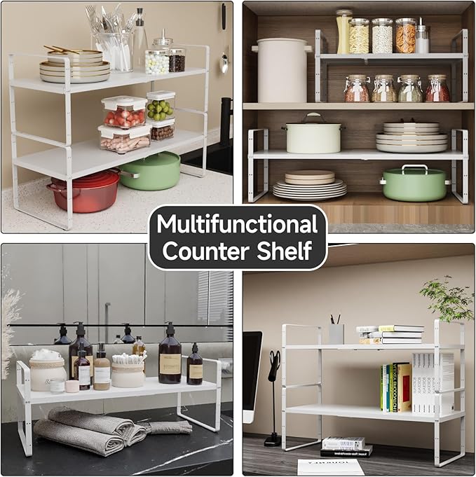 jkxoo 2Pack 16.5-27’’L Expandable Kitchen Shelf Organizer, Stackable Shelves Organizer, Adjustable Height Pantry Spice Rack for Cabinet, Countertop, Pantry and Cupboard, White