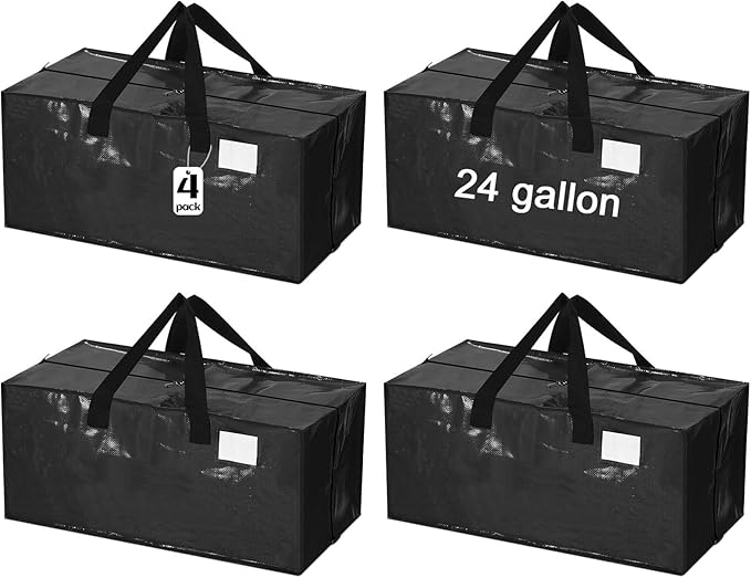 4 Pcs 24 Gallon Extra Large Moving Bags Heavy Duty Storage Bag with Strong Zipper Handle Foldable XXL Jumbo Storage Tote Packing Moving Box for College Dorm Travel Cloth Duffle (Black)