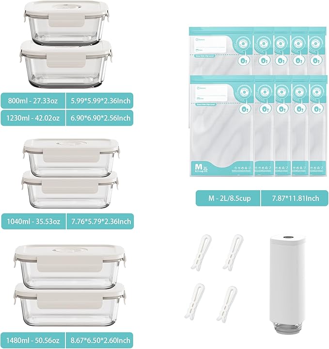 Vacuum Seal Glass Food Storage Containers, 6pcs Containerswith 10pcs Sous Vide Bags/ 1pc Automatic Pump, Meal Prep Container with Airtight Locking Lids for Lunch,Long-Lasting Freshness