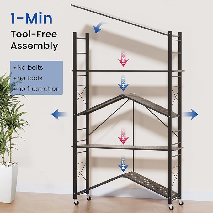 ALANNG 40" W Foldable 5-Tier Storage Shelves with Wheels, Adjustable & Removable Metal Rack, Heavy Duty Rolling Organizer for Kitchen, Garage, Closet, Pantry, and Office (Black,2 Pack)