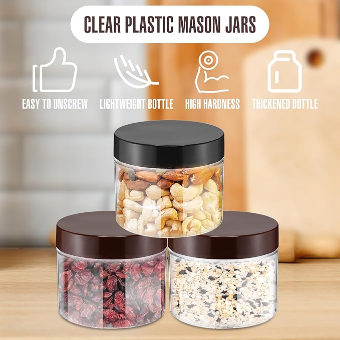Mifoci 50 Pcs 9.5oz Clear Plastic Jars Containers Wide Mouth Food Storage Jar for Kitchen Dry Food Butter Honey Cosmetics Cream, Black and Brown (3.35''l x 2.56''h)