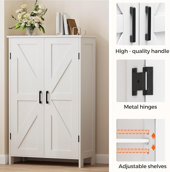 Homleke Farmhouse Bathroom Cabinet with Adjustable Shelves, Free-Standing Storage Cabinet with Barn Doors, for Kitchen, Living Room, Dining Room, Entryway, White