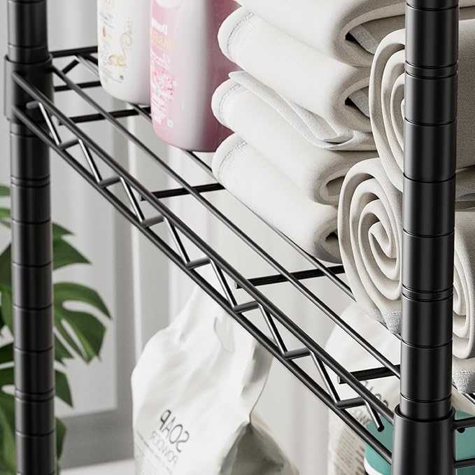 SINGAYE 5 Shelf Storage Wire Shelves Closet Bathroom Organizers Metal Pantry Kitchen Garage Shelving Unit Laundry Room Organization Home Narrow Rack Net Basket with Wheels White