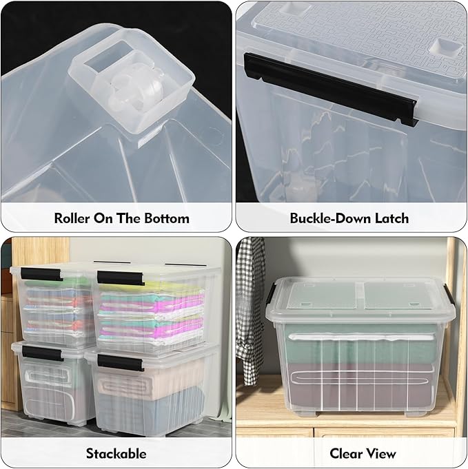30 L Stackable Storage Bins with Lids, Clear Plastic Storage Containers, Stackable Organization Boxes with Secure Latching Lids/Wheels, Set of 4