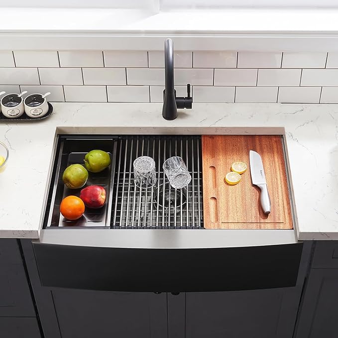 Black Farmhouse Sink 33 Inch - VALISY 33x22 Apron Front Farmhouse Kitchen Sinks 16 Gauge Stainless Steel Undermount Ledge Workstation Deep Single Bowl Luxury Rustic Farm Sinks with All Accessories.