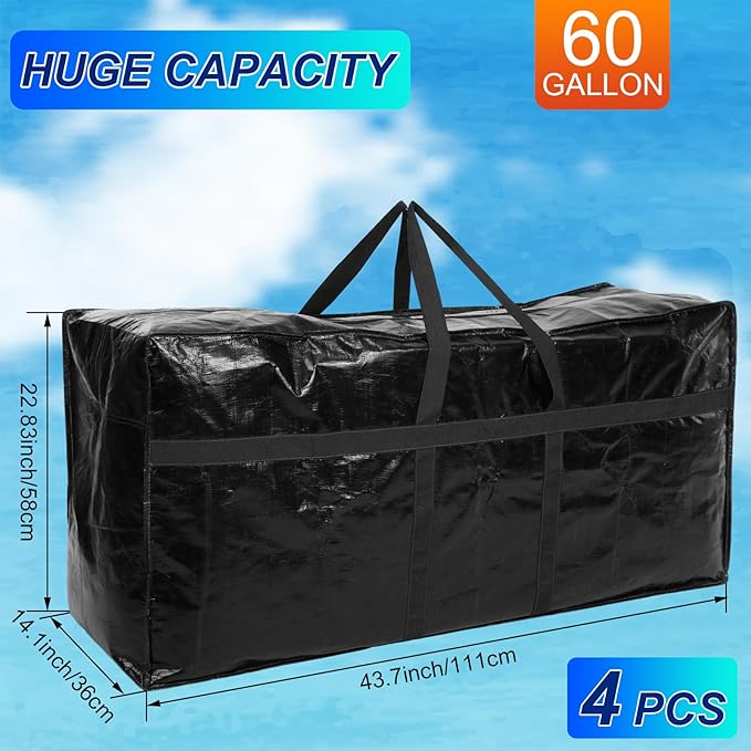 4 Pcs 60 Gallon Extra Large Moving Bags Heavy Duty Storage Bag with Strong Zipper Handle Foldable XXL Jumbo Storage Tote Packing Moving Box for College Dorm Travel Cloth Duffle (Black)