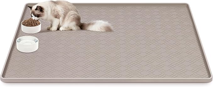 Lanstics Cat Food Mat, 42" x 29" Large Silicone Mat Cat Feeding Mat with Raised Edge Non-Slip Pet Feeding Mat for Food and Water Bowl, Easy to Clean, Floor Protection (Beige)