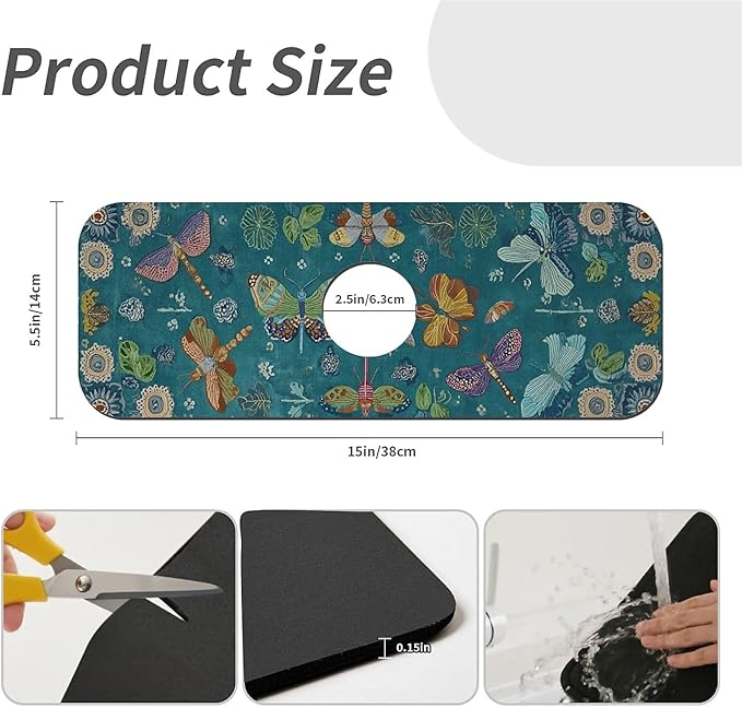 Kitchen Sink Splash Guard，Butterflies and dragonflies Faucet Mat Sink Gadgets-Super Absorbent Fast Drying Mat Drip Catcher for Kitchen, Bathroom,Sink Mat, Dish Drying Mat, Bathroom(15" X 5.5" )