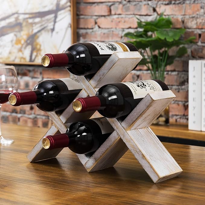 MyGift 4-Bottle Whitewashed Rustic Wood Wine Rack - Farmhouse X-Design Countertop Storage, Compact for Kitchen, Bar, Coffee Station (Holds 750ml Bottles, Easy Clean)