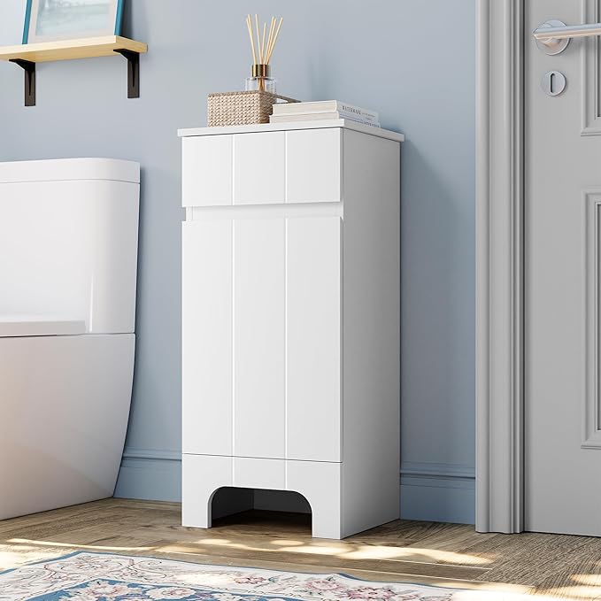 VANIRROR Small Bathroom Cabinet with Adjustable Shelves, Drawer, Anti-Tip Design, 14.96" L x 11.81" W x 32.09" H, Durable MDF for Bathroom, Kitchen, Laundry, Soft-Close Door