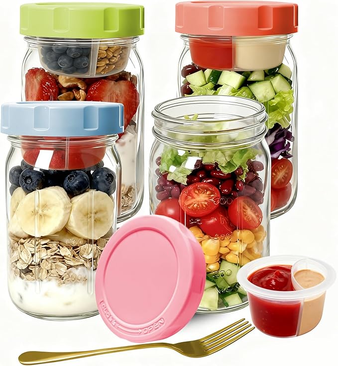 4 Pack Glass Salad Jars with Lids,32oz Mason Jars for Meal Prep,Leakproof Lunch Container with Two Small Built-in Boxes for Wet/Dry Separation of Salad Dressing and Dry Ingredients (4 Color Pack)