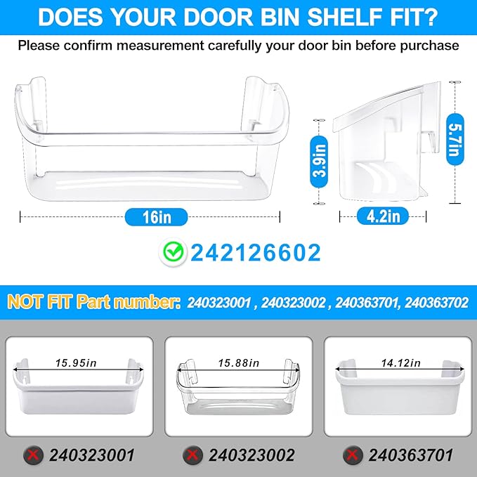 [2 PACK] UPGRADED 242126602 Refrigerator Door Bin Shelf Replacement For Frigidaire Door Shelf Replacement -LFSS2612TF0 LFSS2612TF4 Frigidaire Door Bin Bottom Shelf Parts 2421266 PS12364199 Shelves