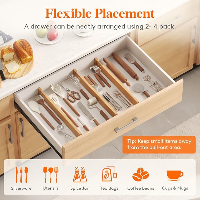 Lifewit 6 Pack Bamboo Drawer Dividers 2.4" High, 17.5-22" Kitchen Drawer Organizers, Adjustable Wooden Drawer Dividers for Clothes, Expandable Drawer Separators for Dresser, Bedroom, Bathroom, Cabinet