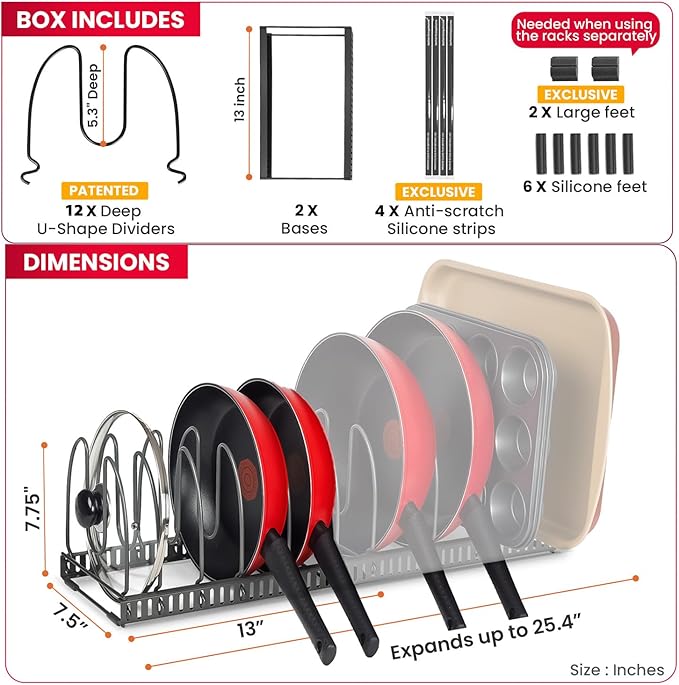 Better Things Home 12-Slot Adjustable Pan and Pot Lid Organizer with Scratch-Free Pads, Expandable Pot Lid Holder Rack for Cabinet, Pots and Pans Organizer Inside Cabinet